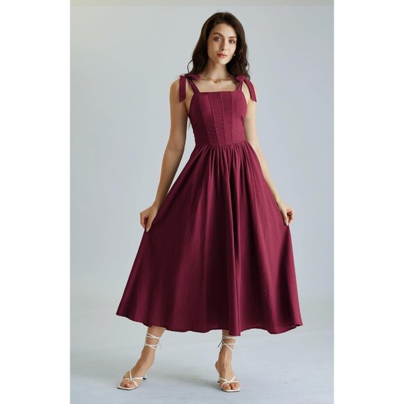 Women Corset Dress Square Neck Cottagecore Fishbone A-Line Sundress - Picture 7 of 9